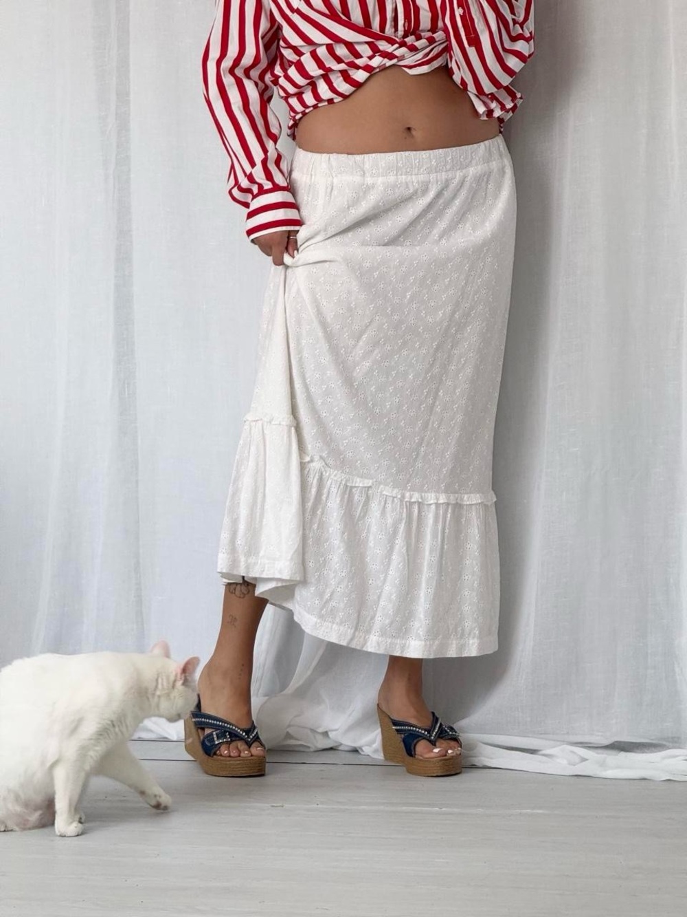 white eyelet ruffle maxi skirt